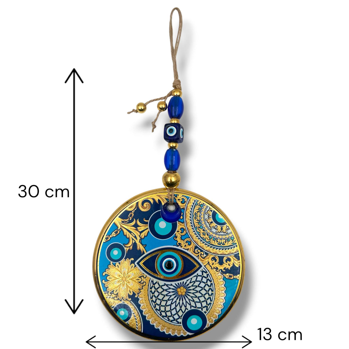 Turkish Nazar Evil Eye Ornament, Blue Gold Mandala Wall Charm (30x13cm)