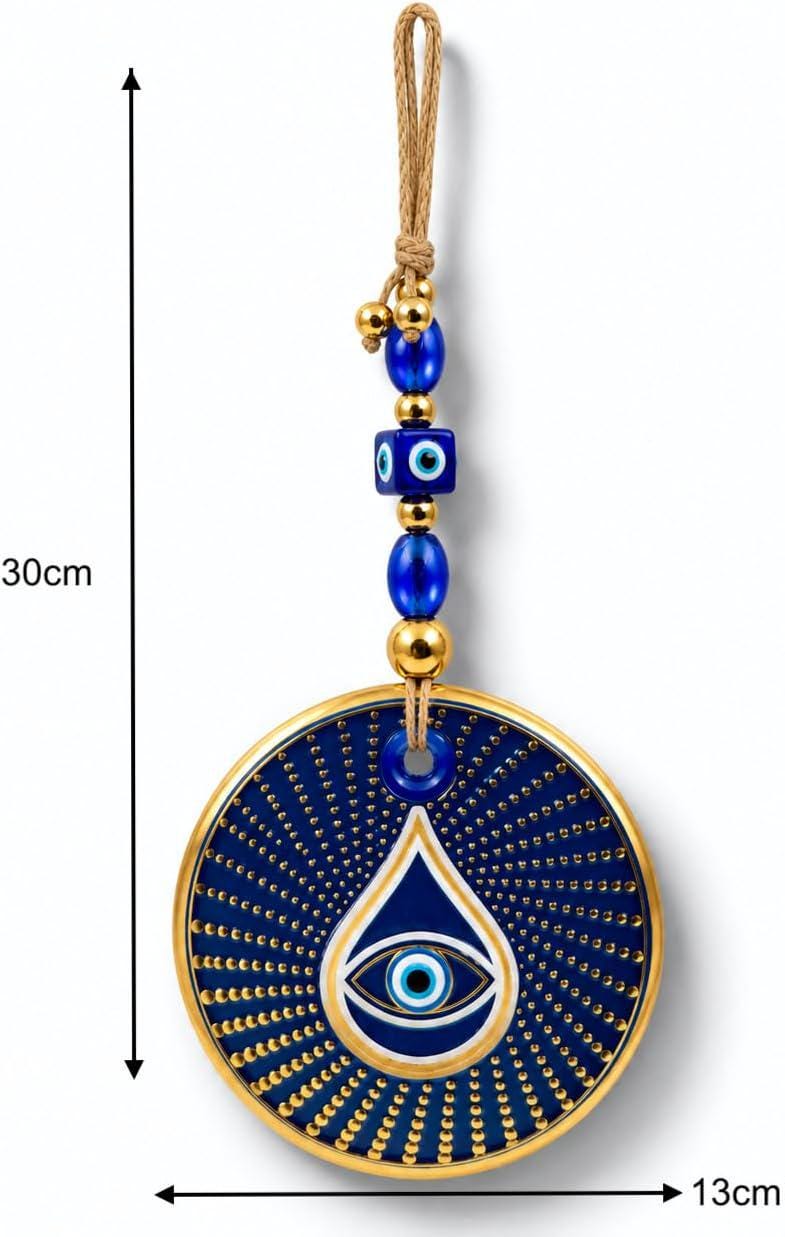 Turkish Evil Eye Wall Hanging, Blue and Gold Nazar Amulet, for Home, Door or Window, Good Luck Protection Charm 30 x 13 cm