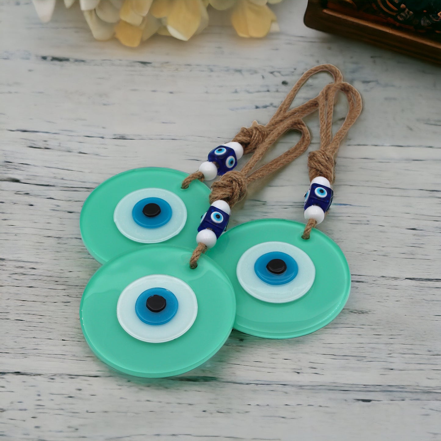 Fusion Glass 10 cm Round Light Green Evil Eye Protection Wall or Door Hanging Home Decoration / Ornament