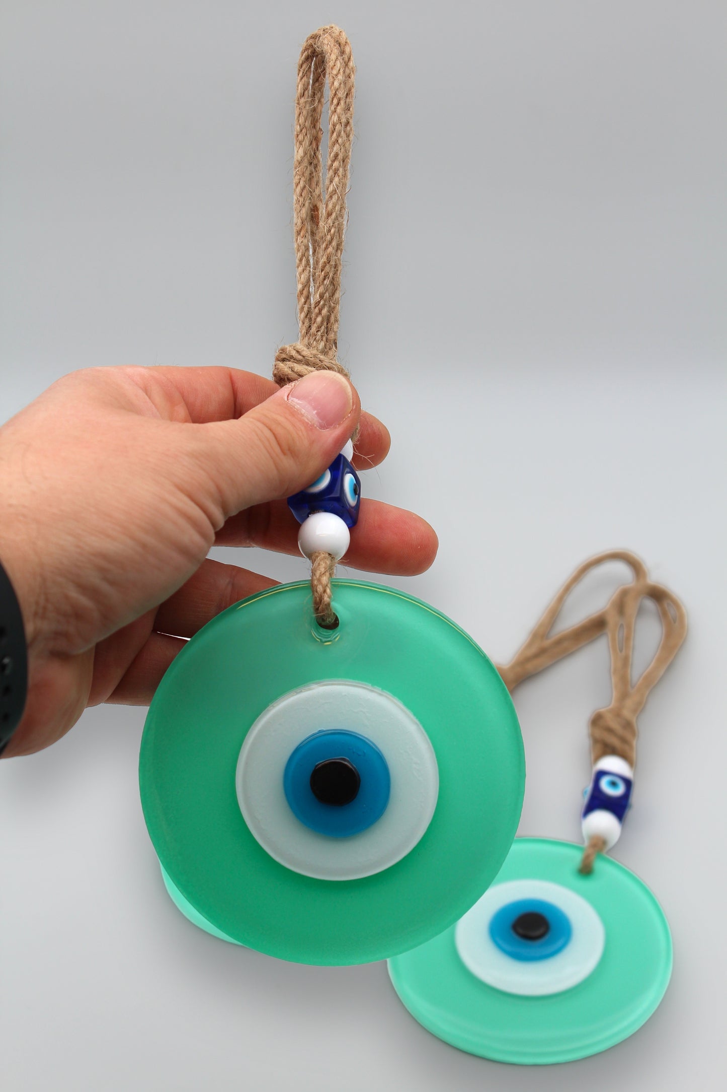 Fusion Glass 10 cm Round Light Green Evil Eye Protection Wall or Door Hanging Home Decoration / Ornament