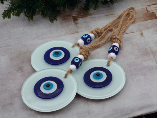 Fusion Glass 10 cm Round White Evil Eye Protection Wall or Door Hanging Home Decoration / Ornament