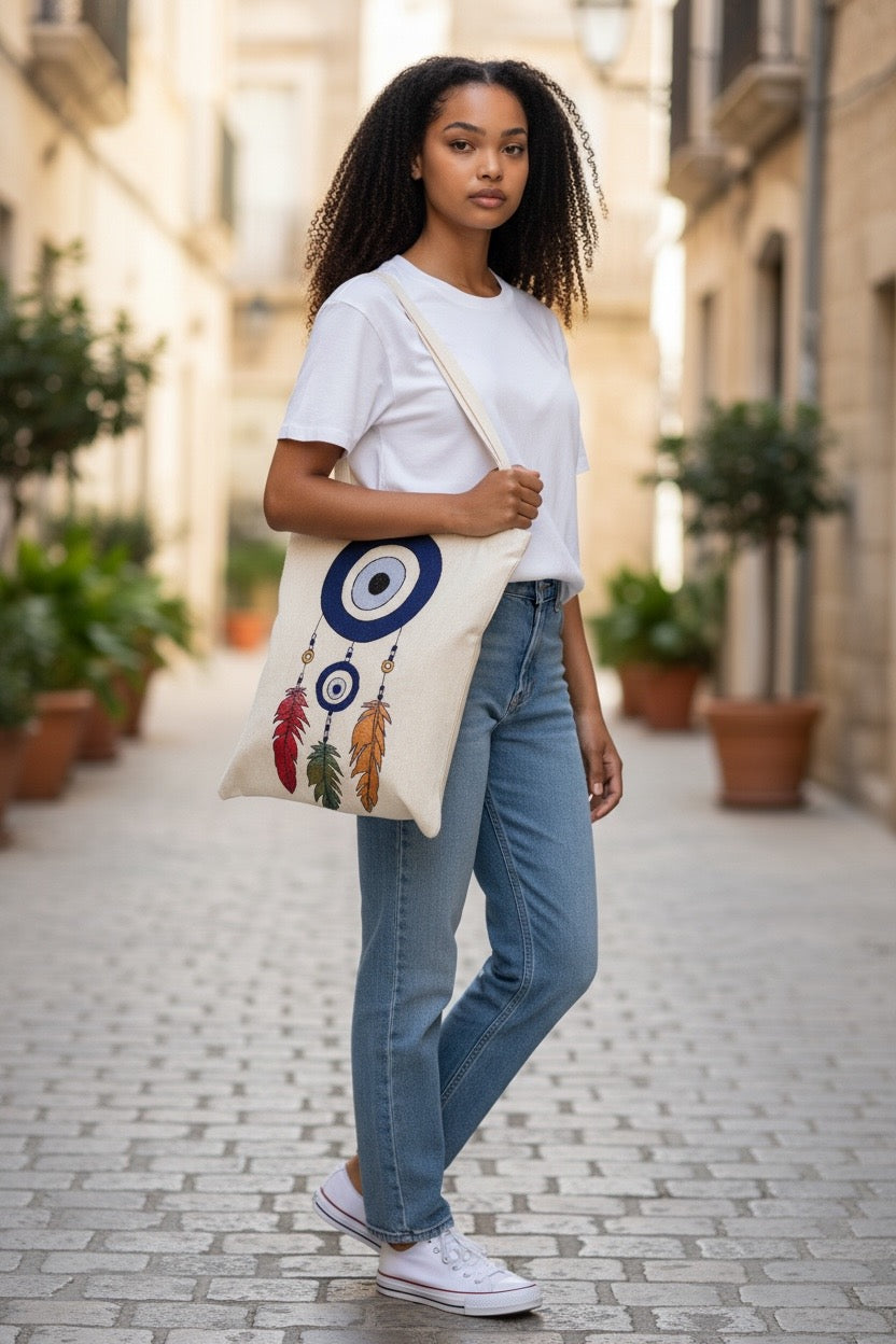 Evil Eye Dreamcatcher Tote Bag | Turkish Kilim Boho Shoulder Bag | Folk Art Gift