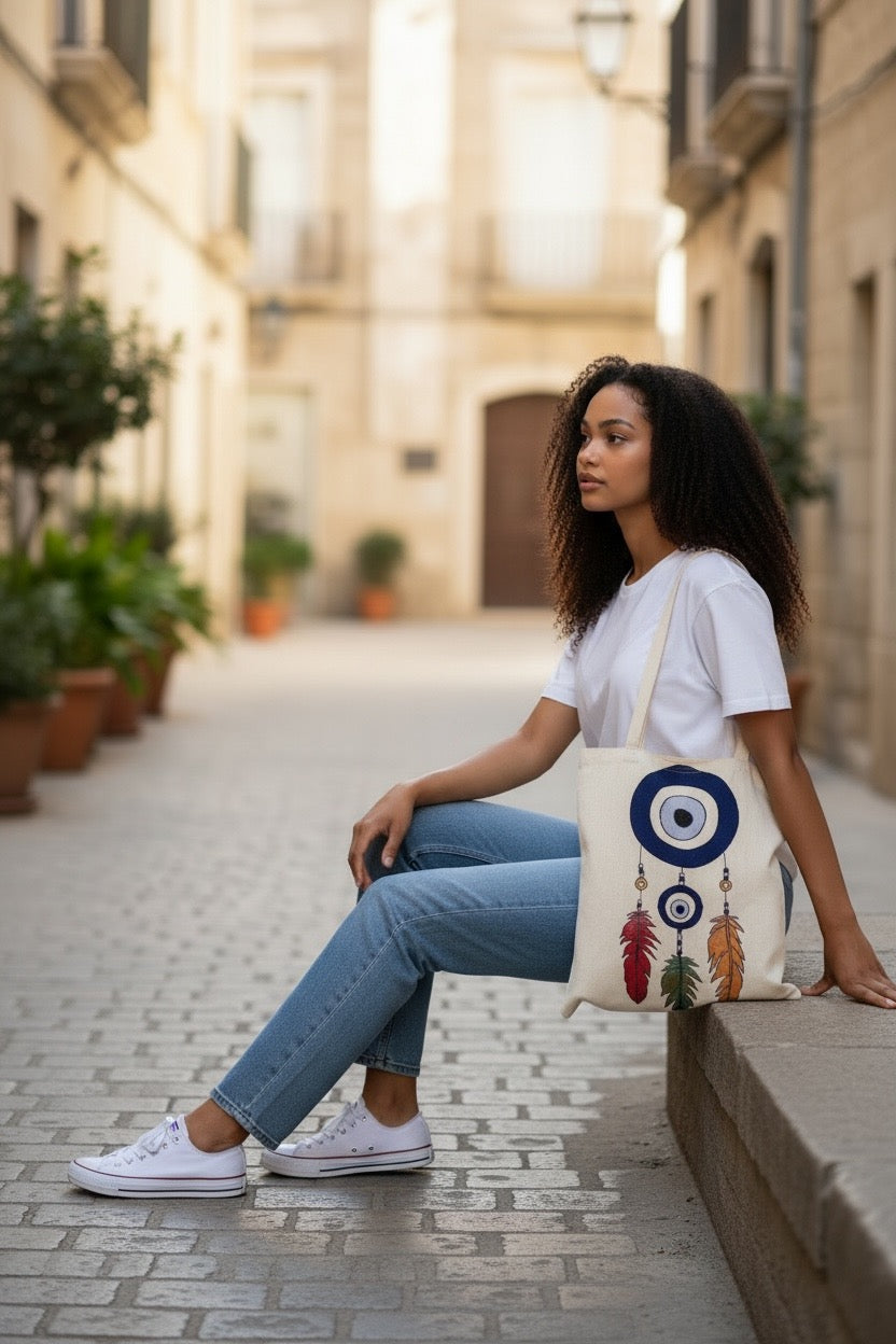 Evil Eye Dreamcatcher Tote Bag | Turkish Kilim Boho Shoulder Bag | Folk Art Gift