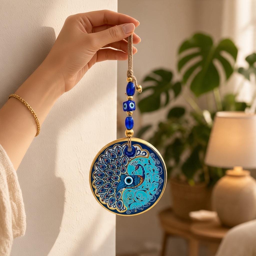 Turkish Nazar Evil Eye Hanging Ornament, Blue and Gold Decorative Wall Charm with Colourful Peacock Design, Home Décor Gift 30 x 13 cm