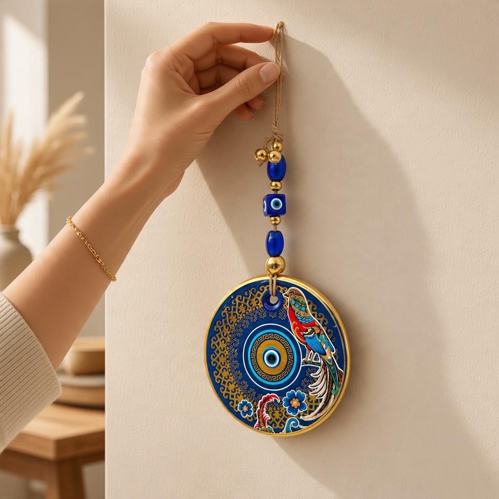 Turkish Nazar Evil Eye Hanging Ornament, Blue and Gold Decorative Wall Charm with Colourful Bird Design, Home Décor Gift (30x13cm)