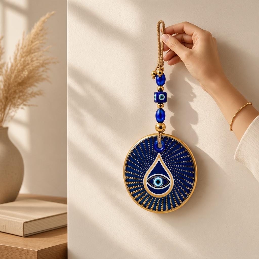 Turkish Evil Eye Wall Hanging, Blue and Gold Nazar Amulet, for Home, Door or Window, Good Luck Protection Charm 30 x 13 cm