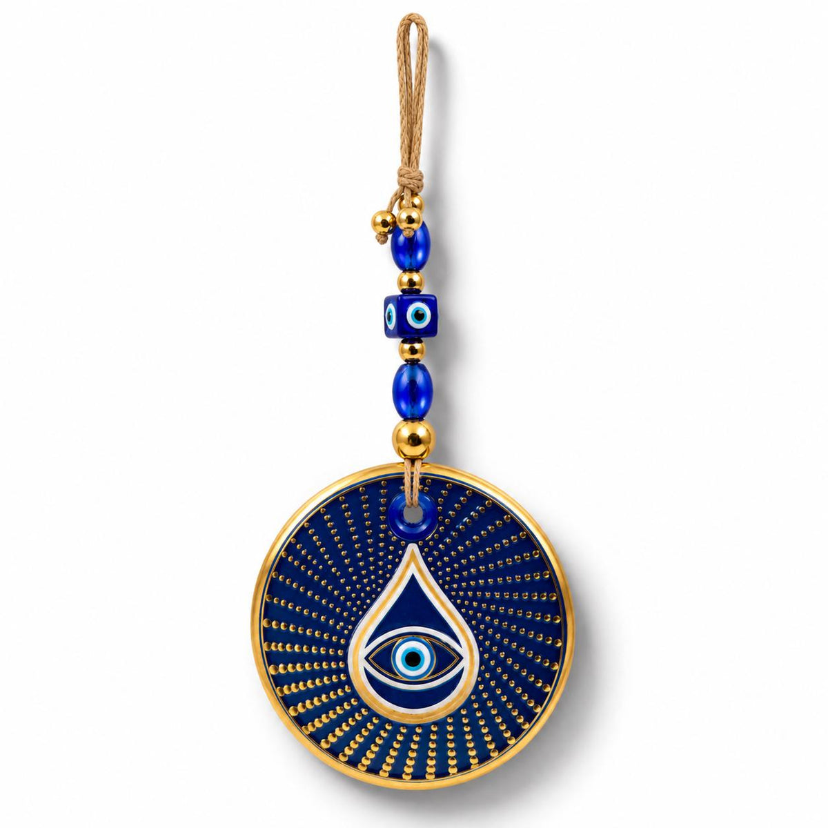 Turkish Evil Eye Wall Hanging, Blue and Gold Nazar Amulet, for Home, Door or Window, Good Luck Protection Charm 30 x 13 cm