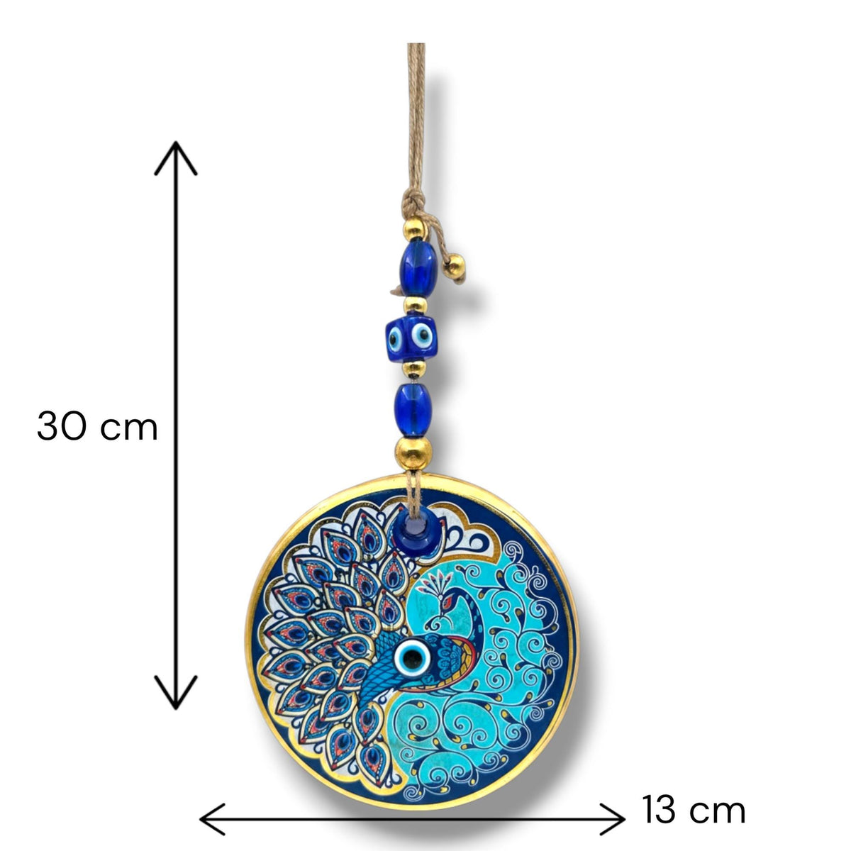 Turkish Nazar Evil Eye Hanging Ornament, Blue and Gold Decorative Wall Charm with Colourful Peacock Design, Home Décor Gift 30 x 13 cm