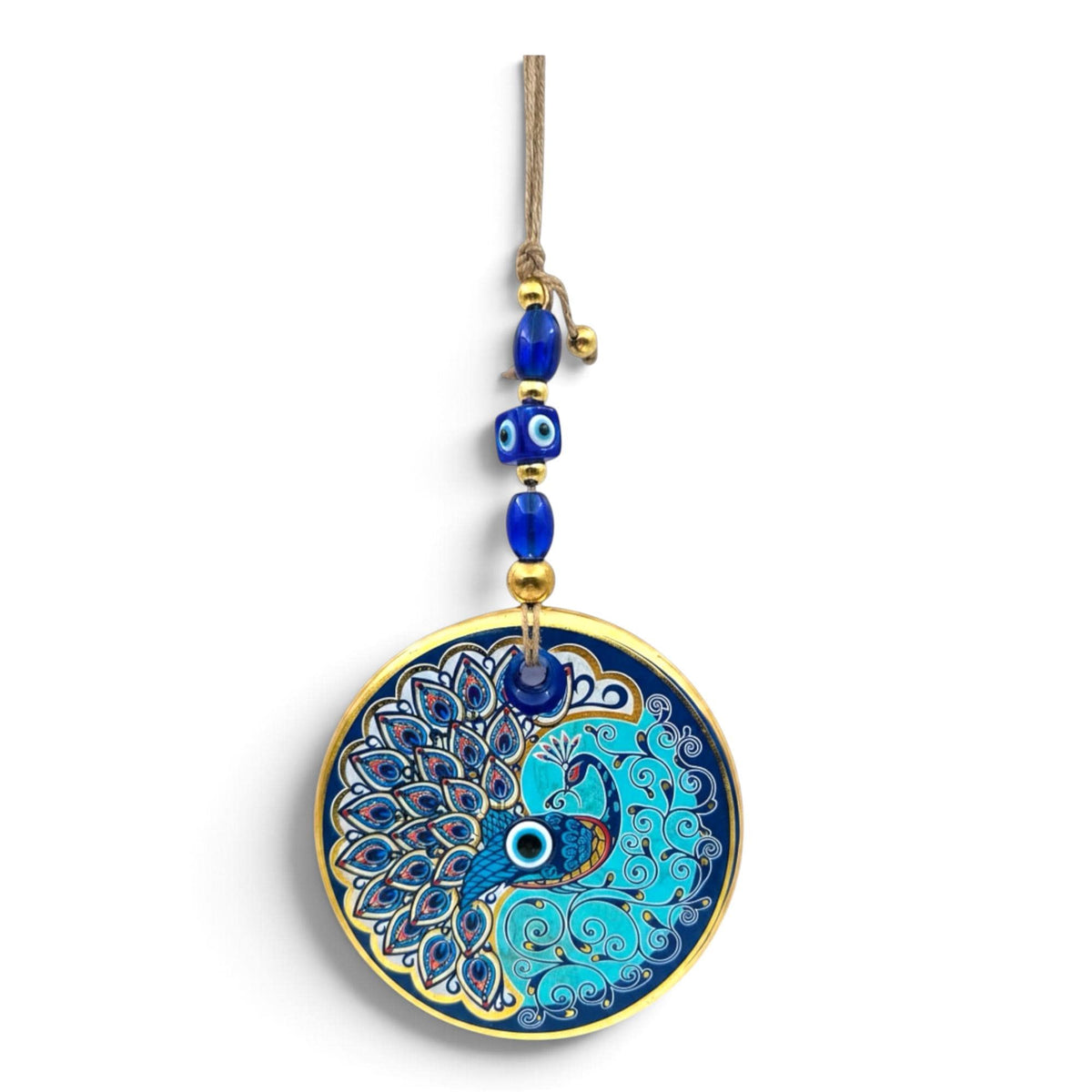 Turkish Nazar Evil Eye Hanging Ornament, Blue and Gold Decorative Wall Charm with Colourful Peacock Design, Home Décor Gift 30 x 13 cm