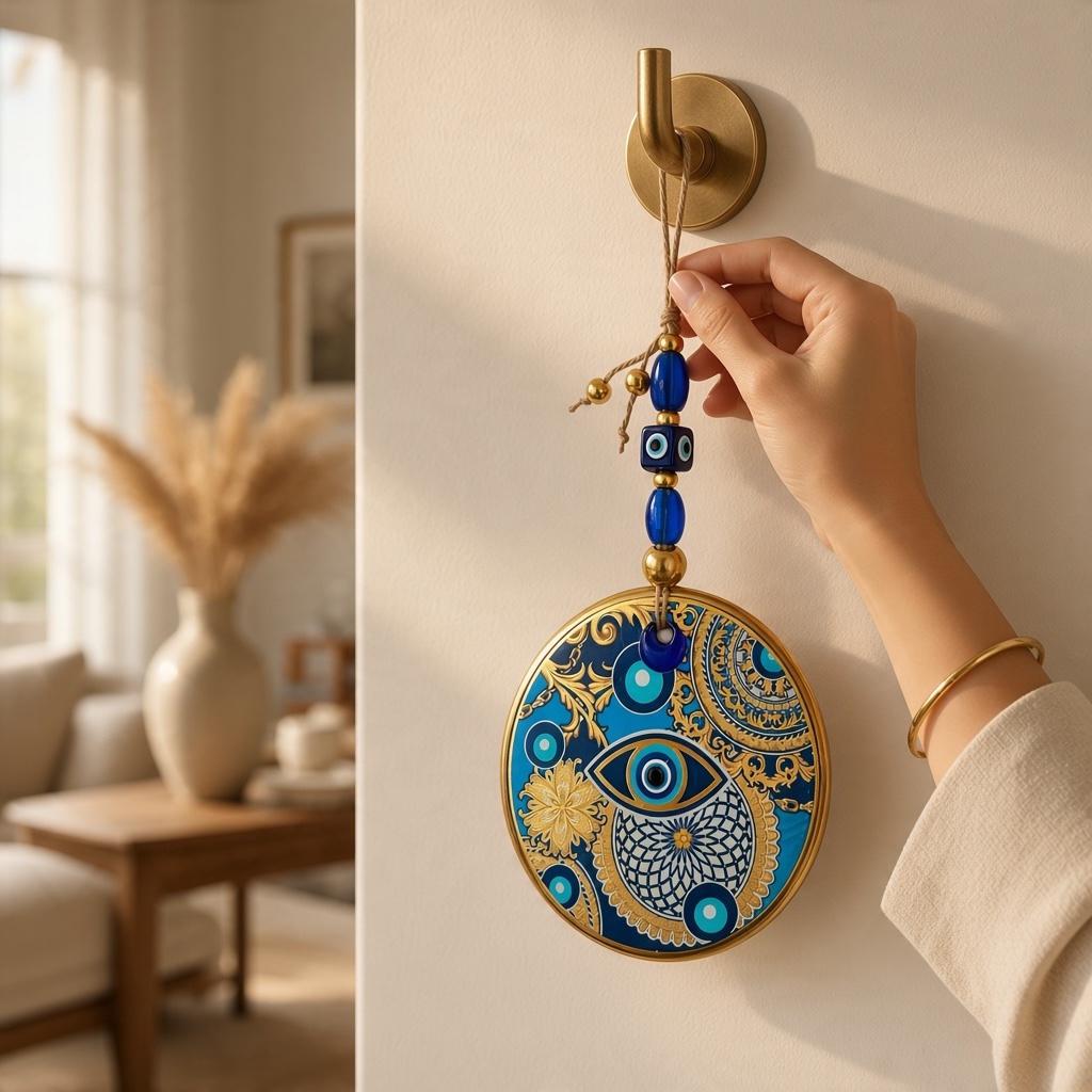 Turkish Nazar Evil Eye Ornament, Blue Gold Mandala Wall Charm (30x13cm)
