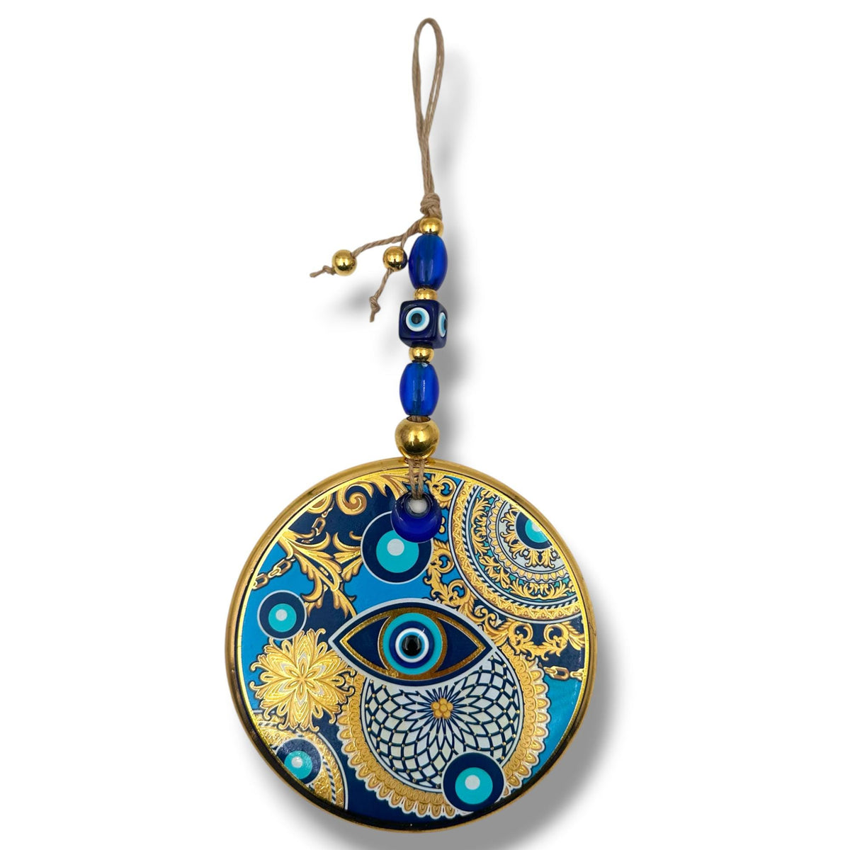 Turkish Nazar Evil Eye Ornament, Blue Gold Mandala Wall Charm (30x13cm)