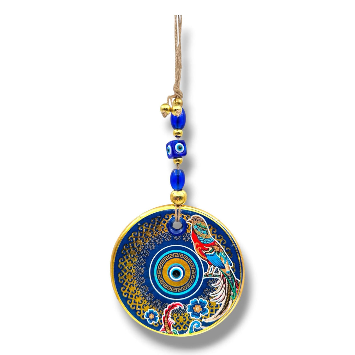 Turkish Nazar Evil Eye Hanging Ornament, Blue and Gold Decorative Wall Charm with Colourful Bird Design, Home Décor Gift (30x13cm)