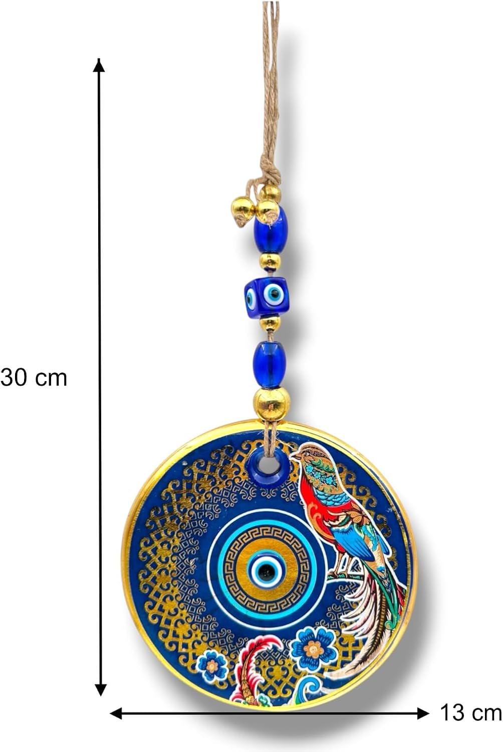 Turkish Nazar Evil Eye Hanging Ornament, Blue and Gold Decorative Wall Charm with Colourful Bird Design, Home Décor Gift (30x13cm)